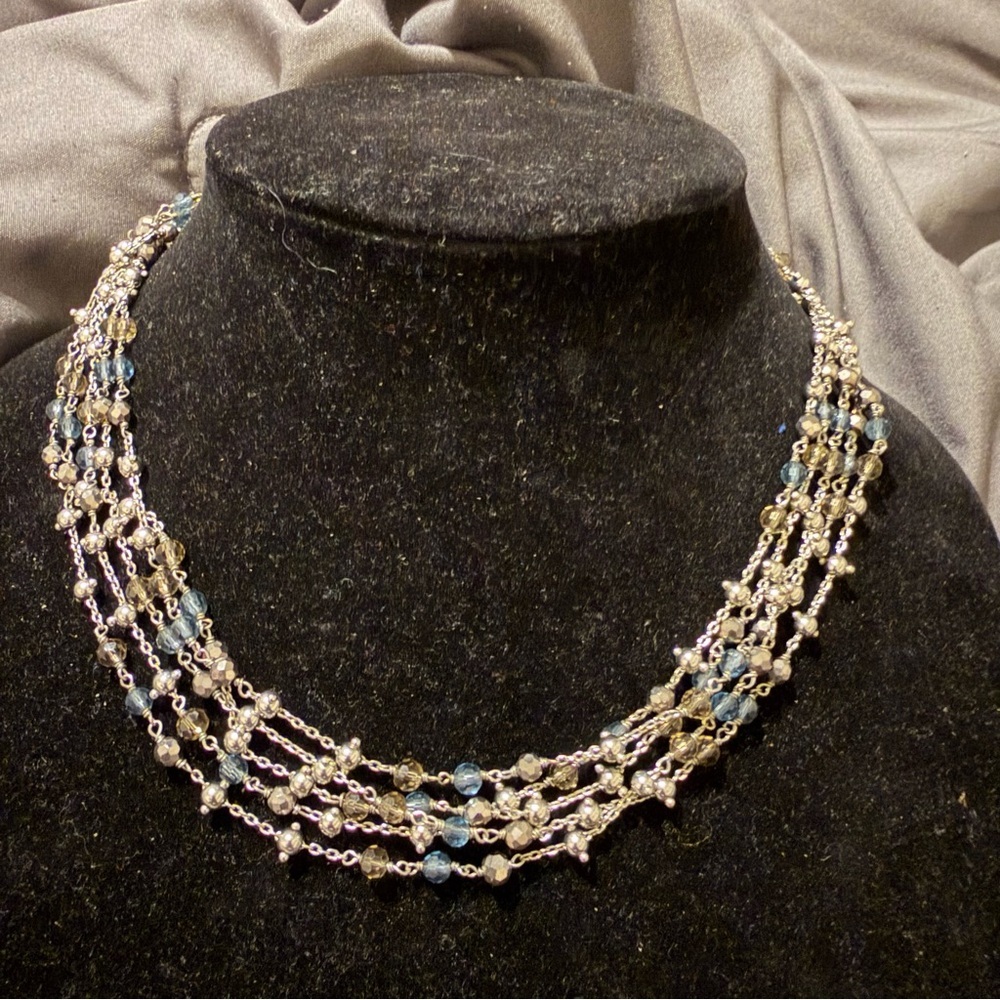 Multi-Strand Silver Chain & Crystal Bead Necklace Blue & Smoky Gray Beads